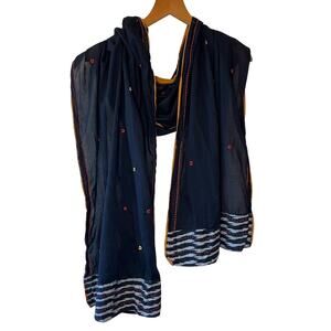 Boho Cottage Core Deep Black W/ Orange Detail Light Weight Shawl Scarf